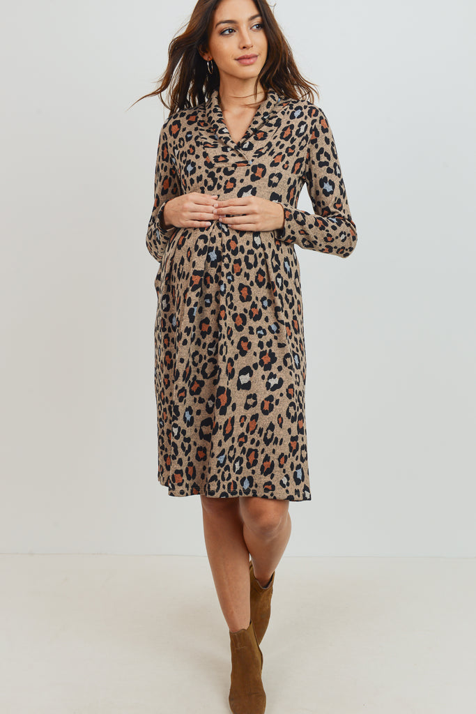 Taupe Leopard Empire Long Sleeve Maternity Sweater Dress