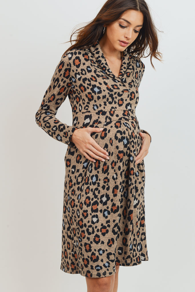 Taupe Leopard Empire Long Sleeve Maternity Sweater Dress