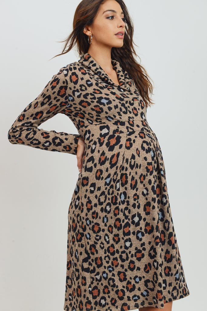 Taupe Leopard Empire Long Sleeve Maternity Sweater Dress