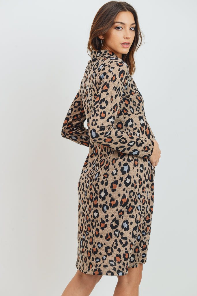 Taupe Leopard Empire Long Sleeve Maternity Sweater Dress