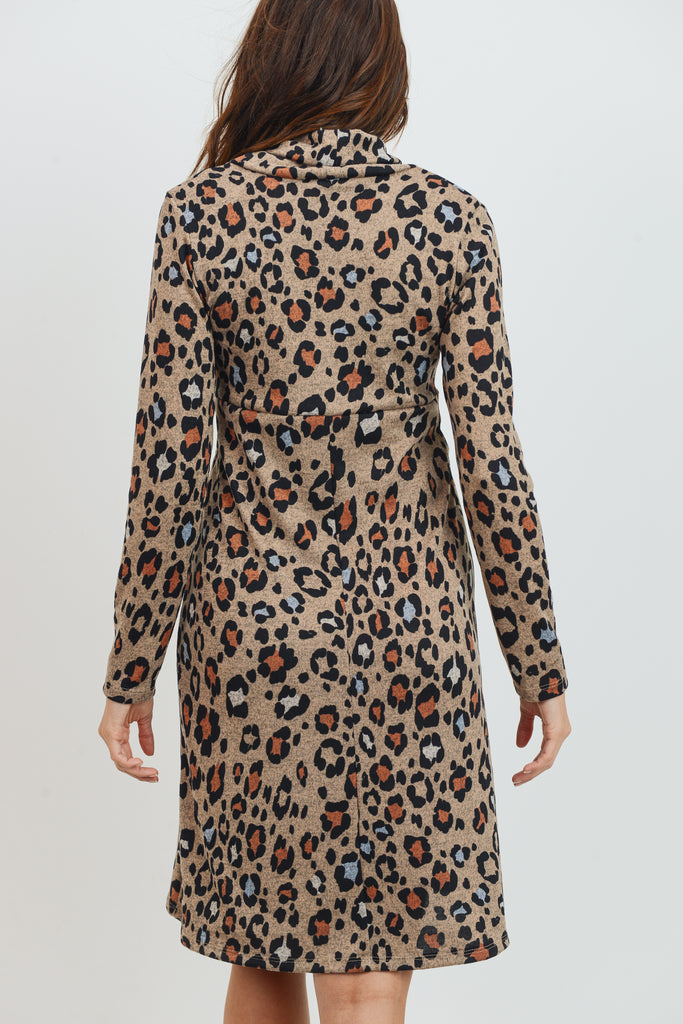 Taupe Leopard Empire Long Sleeve Maternity Sweater Dress