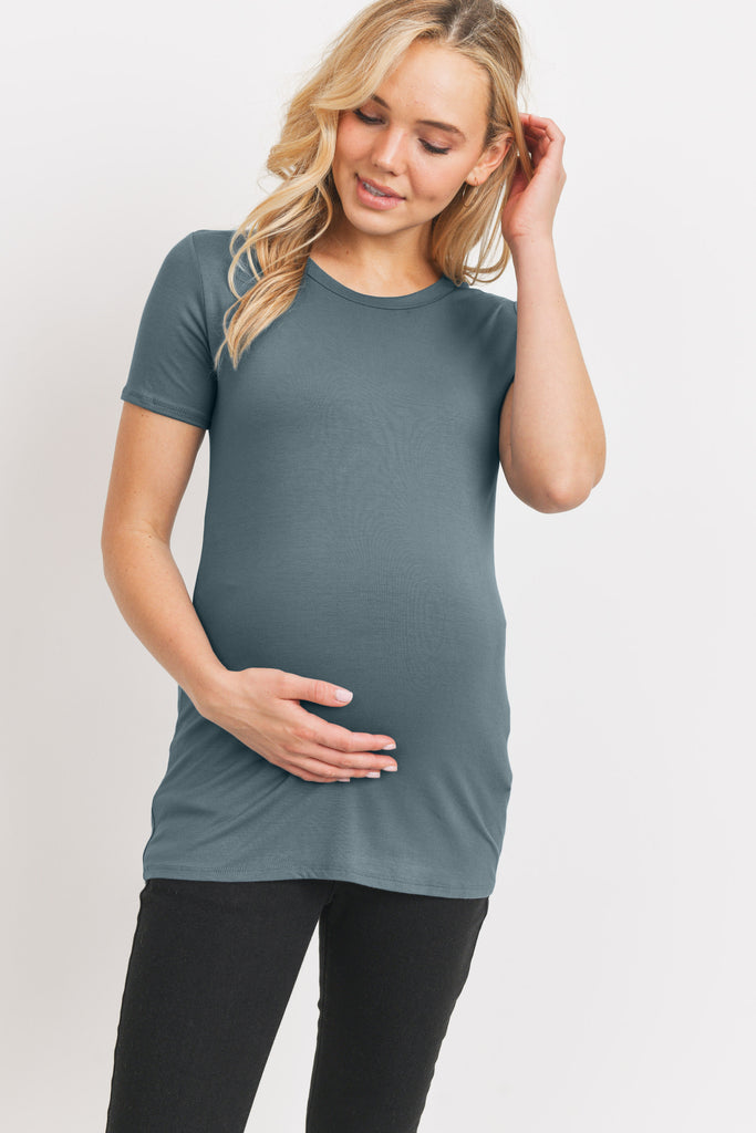 Sea Blue Modal Jersey Round Neck Maternity Short Sleeve Top