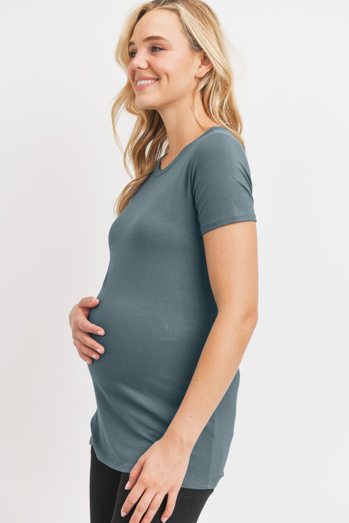 Sea Blue Modal Jersey Round Neck Maternity Short Sleeve Top