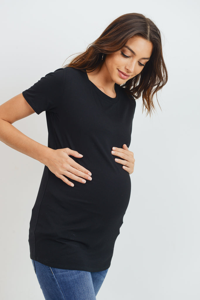 Black Modal Jersey Round Neck Maternity Short Sleeve Top