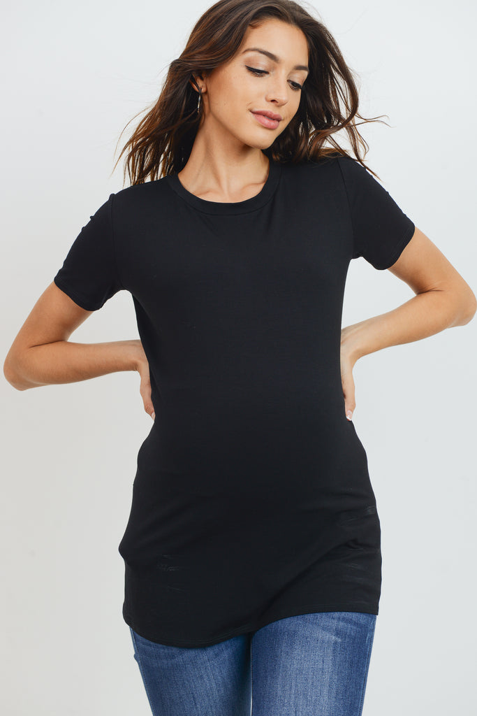 Black Modal Jersey Round Neck Maternity Short Sleeve Top