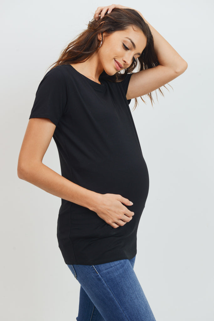 Black Modal Jersey Round Neck Maternity Short Sleeve Top