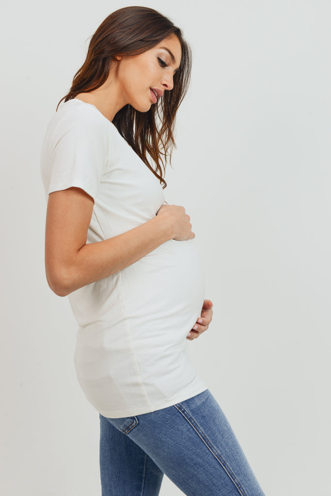 White Modal Jersey Round Neck Maternity Short Sleeve Top