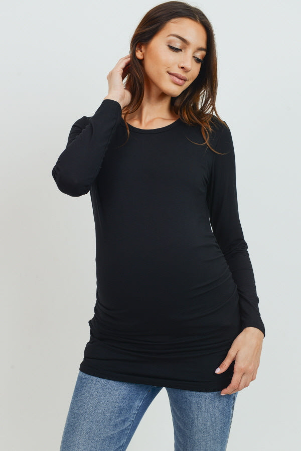 Black Modal Jersey Round Neck Long Sleeve Maternity Top Front
