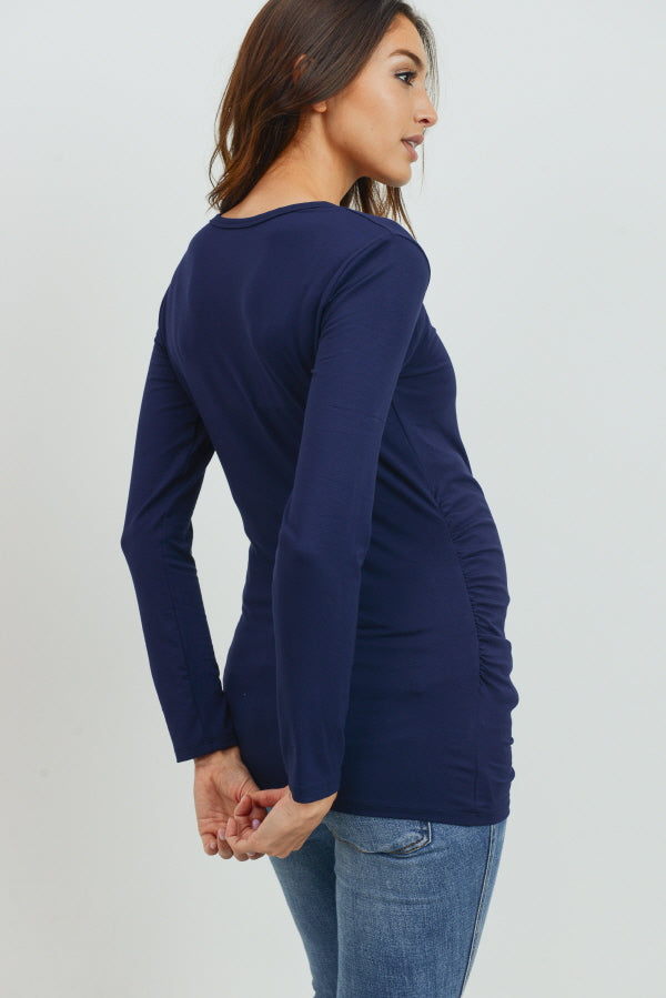 Navy Modal Jersey Round Neck Long Sleeve Maternity Top Side