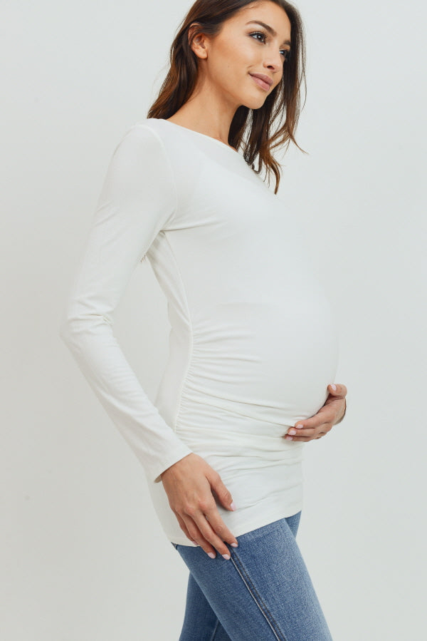 Ivory Modal Jersey Round Neck Long Sleeve Maternity Top Side