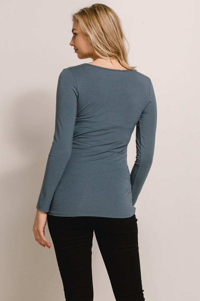 Sea Blue Modal Jersey V-Neck Basic Long Sleeve Shirts
