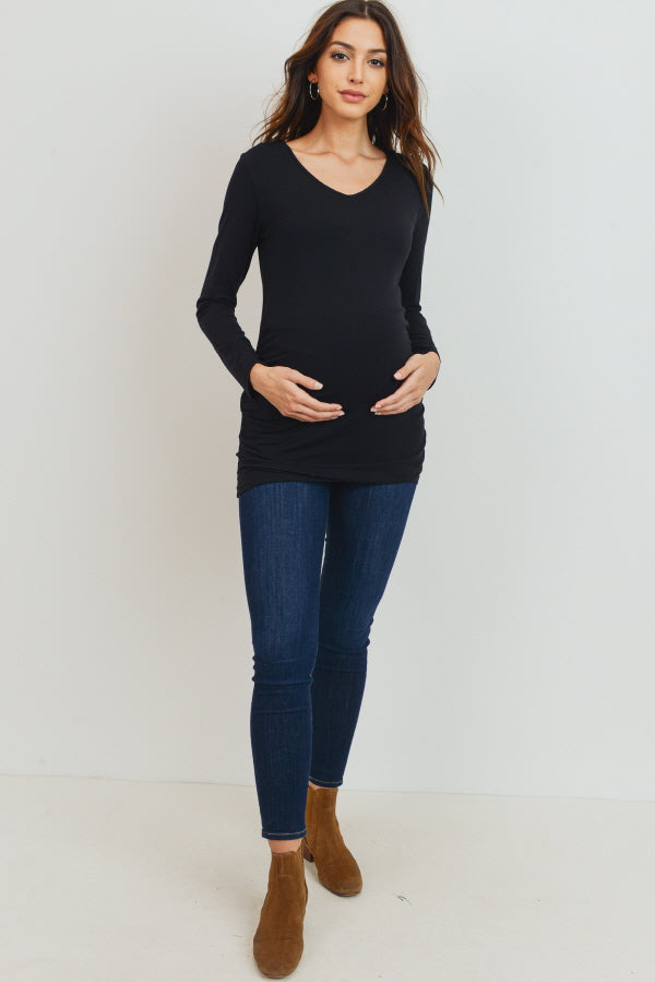 Black Modal Jersey V-Neck Basic Long Sleeve Shirts