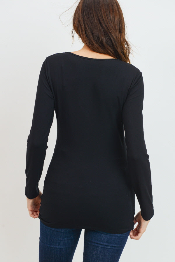 Black Modal Jersey V-Neck Basic Long Sleeve Shirts
