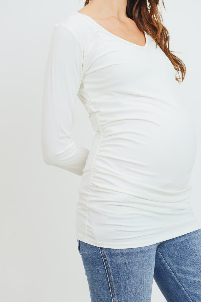 White Modal Jersey V-Neck Basic Long Sleeve Shirts