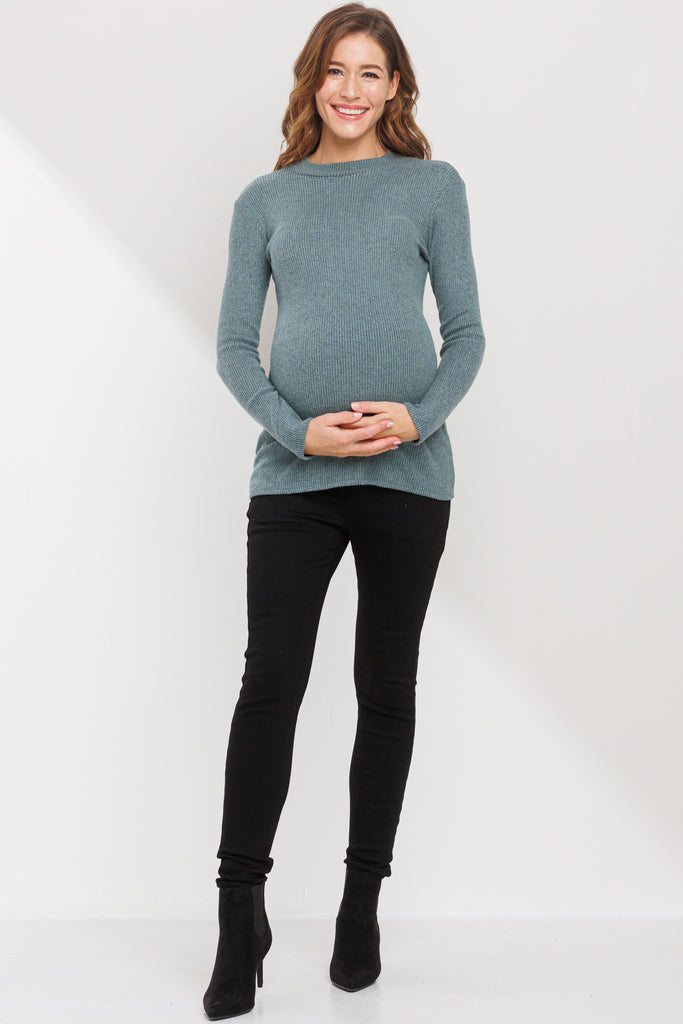 Dusty Green Rib Knit Mock Neck Maternity Top