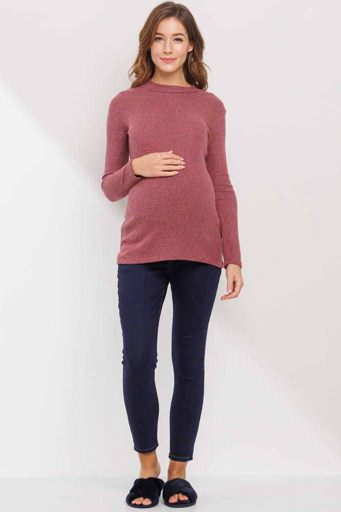 Dusty Rose Rib Knit Mock Neck Maternity Top