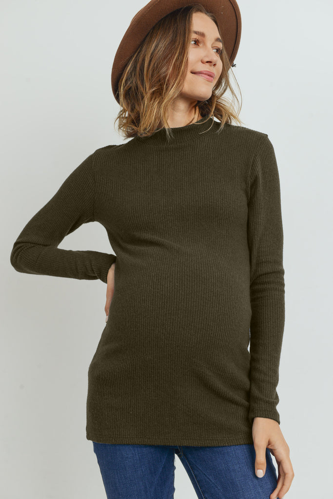 Olive Rib Knit Mock Neck Maternity Top