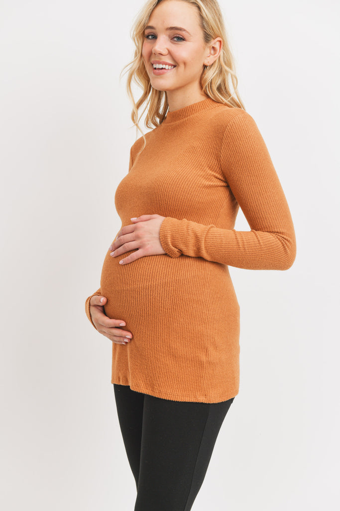 Rust Rib Knit Mock Neck Maternity Top