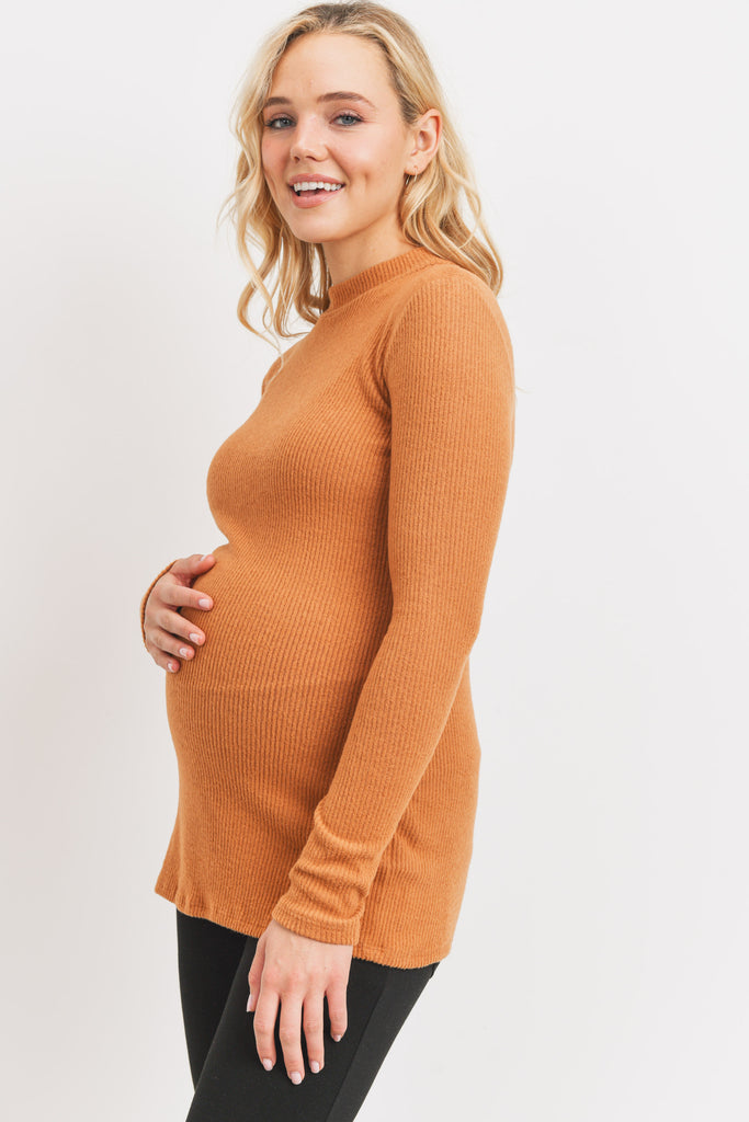 Rust Rib Knit Mock Neck Maternity Top