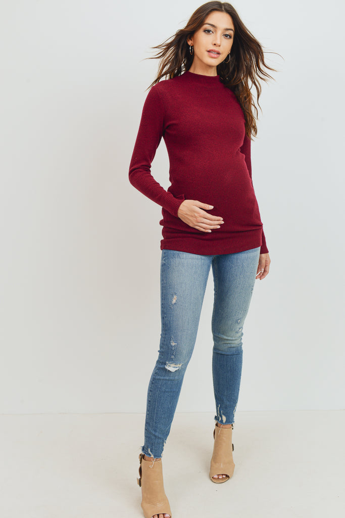 Burgundy Rib Knit Mock Neck Maternity Top