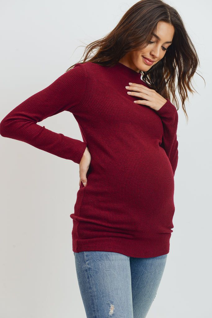 Burgundy Rib Knit Mock Neck Maternity Top