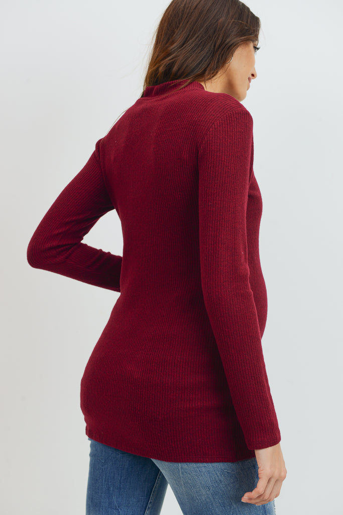 Burgundy Rib Knit Mock Neck Maternity Top