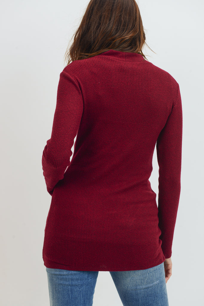 Burgundy Rib Knit Mock Neck Maternity Top