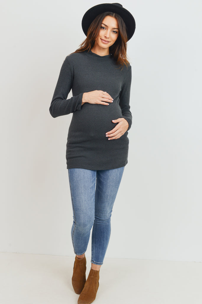 Dark Green Rib Knit Mock Neck Maternity Top