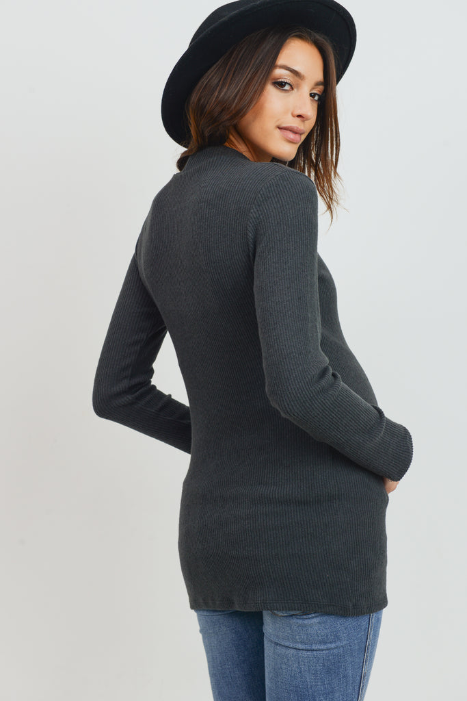 Dark Green Rib Knit Mock Neck Maternity Top