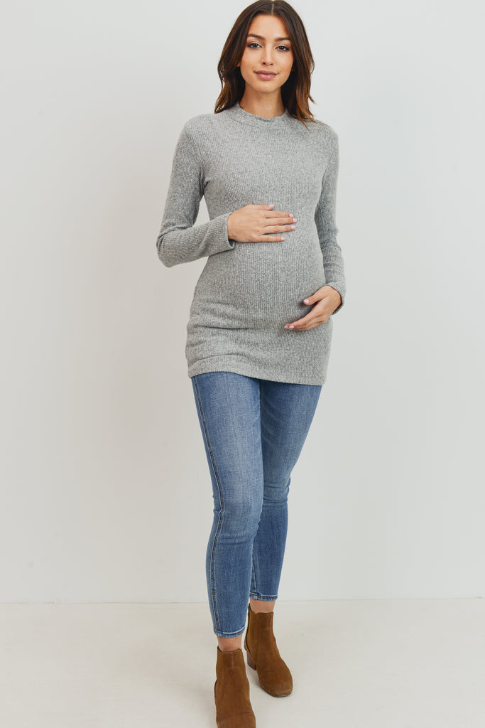 Heather Grey Rib Knit Mock Neck Maternity Top