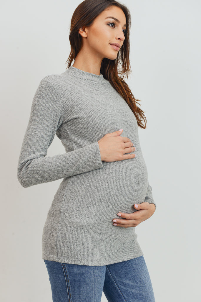 Heather Grey Rib Knit Mock Neck Maternity Top