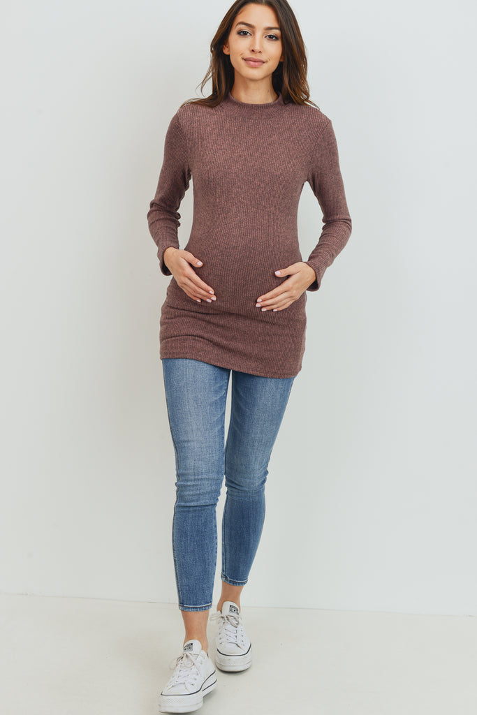 Mauve Rib Knit Mock Neck Maternity Top