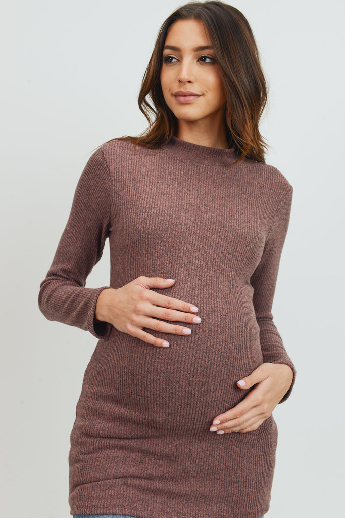 Mauve Rib Knit Mock Neck Maternity Top