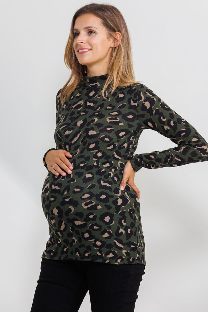 Olive Animal Sweater Knit Mock Neck Maternity Top