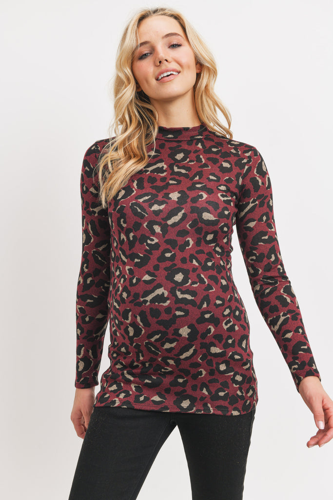 Burgundy Animal Sweater Knit Mock Neck Maternity Top