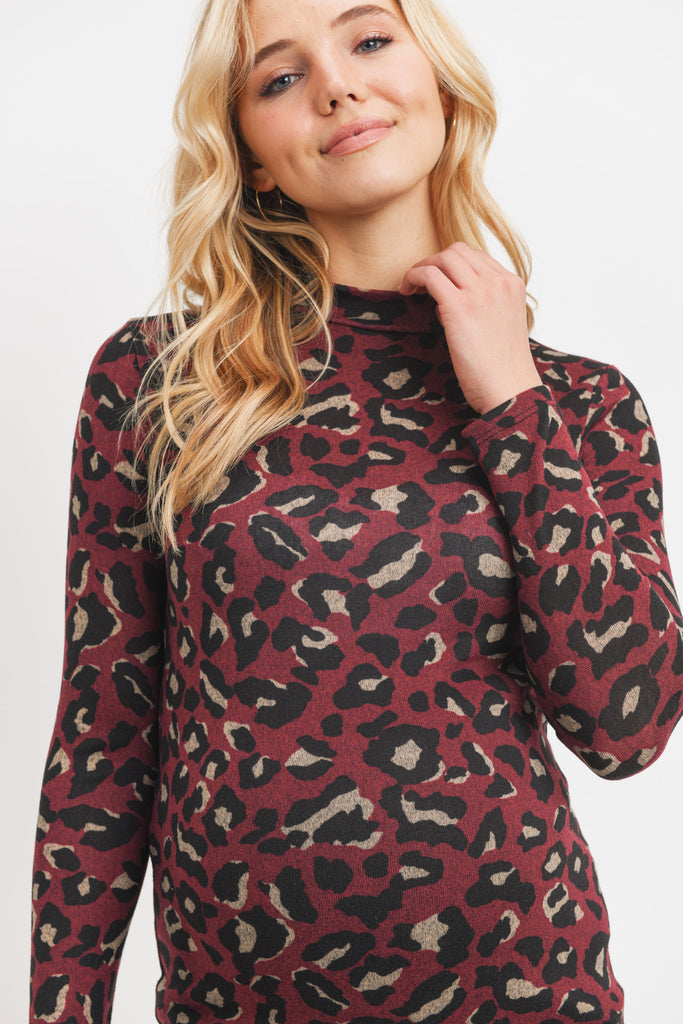 Burgundy Animal Sweater Knit Mock Neck Maternity Top