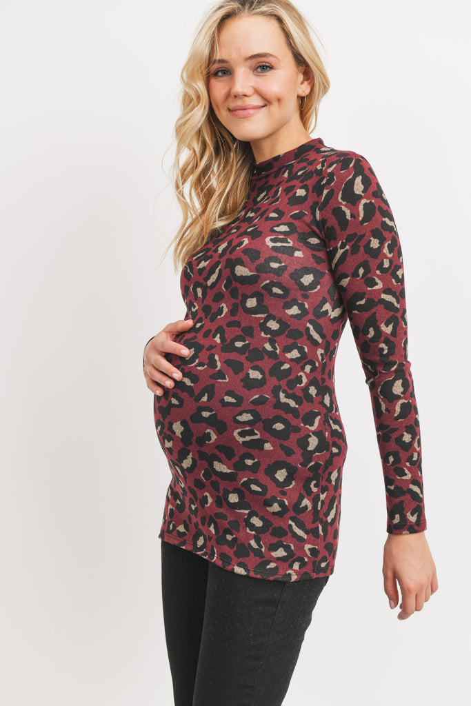 Burgundy Animal Sweater Knit Mock Neck Maternity Top