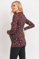 Burgundy Animal Sweater Knit Mock Neck Maternity Top