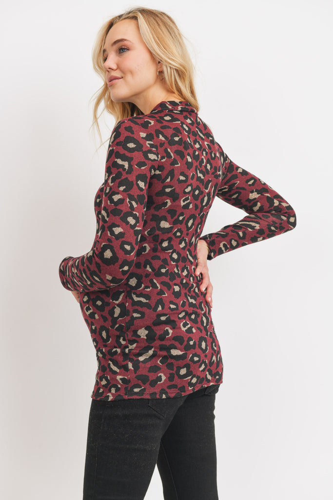 Burgundy Animal Sweater Knit Mock Neck Maternity Top