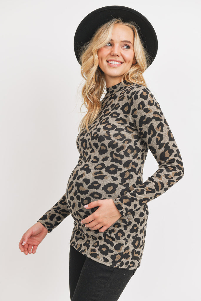 Taupe Animal Sweater Knit Mock Neck Maternity Top
