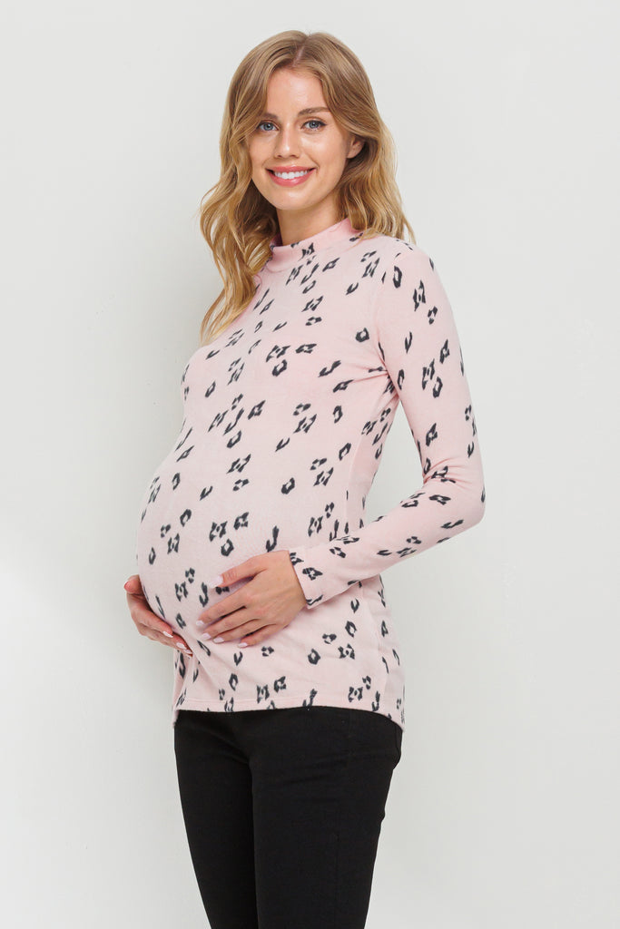 Rose Leopard Sweater Knit Mock Neck Maternity Top