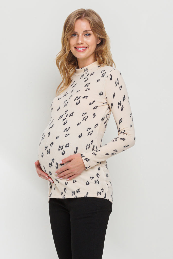 Cream Leopard Sweater Knit Mock Neck Maternity Top