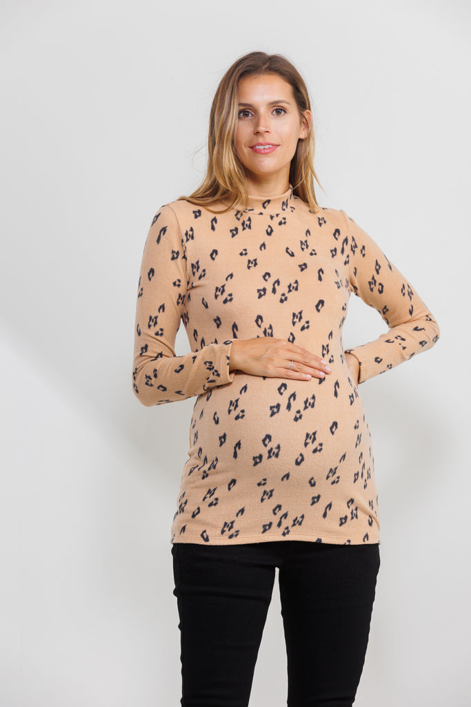 Taupe Leopard Sweater Knit Mock Neck Maternity Top