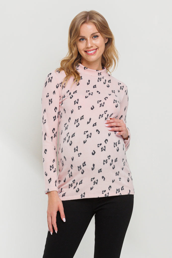 Rose Leopard Sweater Knit Mock Neck Maternity Top