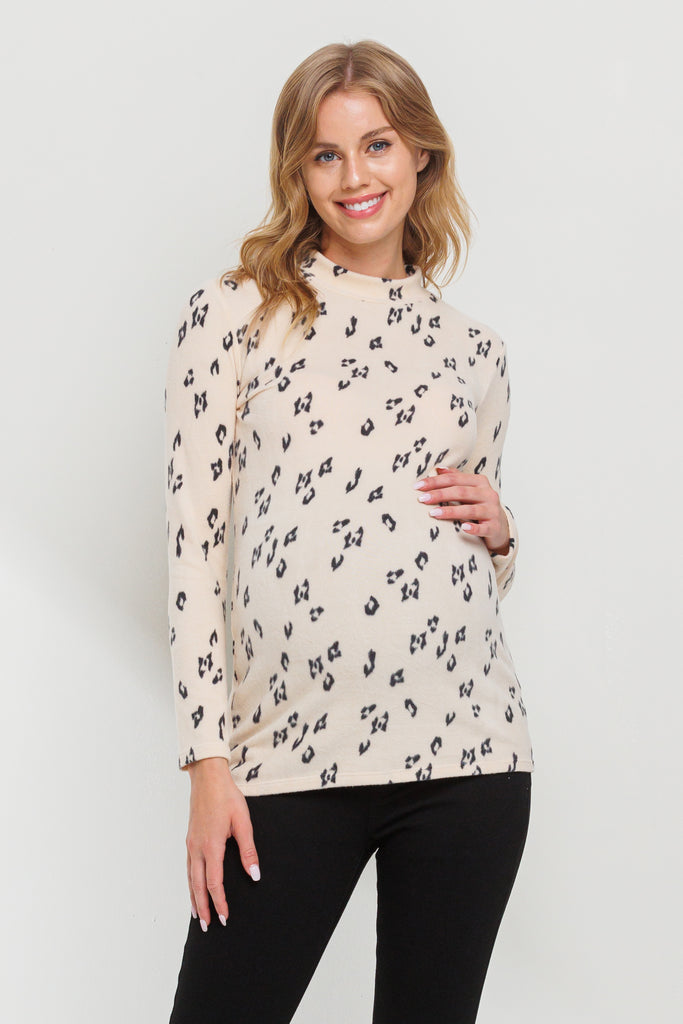 Cream Leopard Sweater Knit Mock Neck Maternity Top