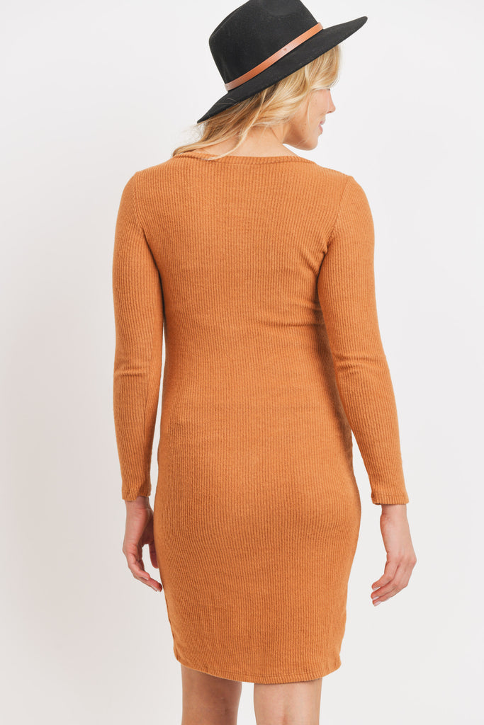 Rust Long Sleeve Rib Knit Maternity Dress