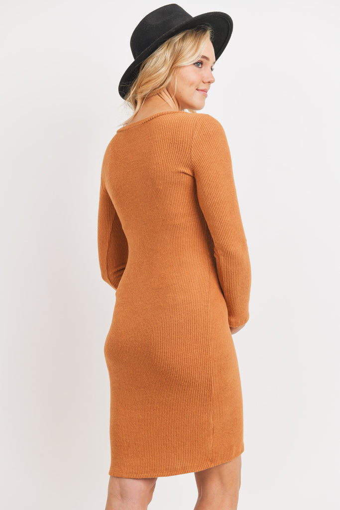 Rust Long Sleeve Rib Knit Maternity Dress