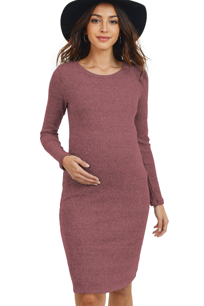 Dusty Rose Long Sleeve Rib Knit Maternity Dress