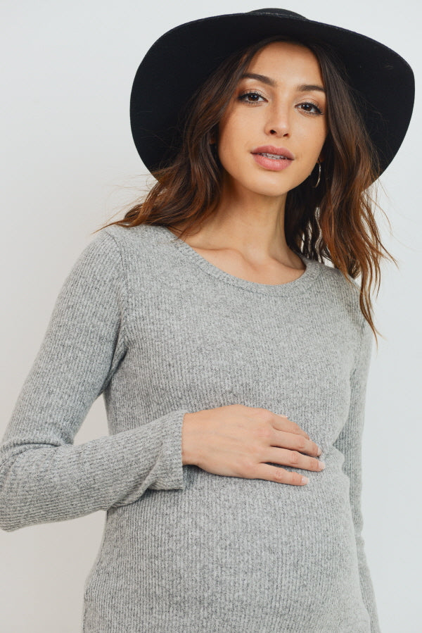 Heather Grey Long Sleeve Rib Knit Maternity Dress