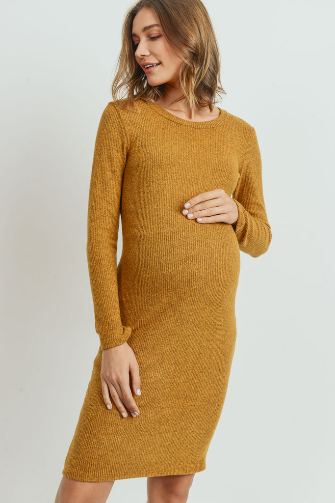 Mustard Long Sleeve Rib Knit Maternity Dress